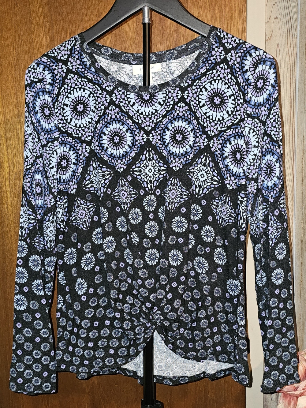 Style & Co. Black Petite Long-Sleeve Top with Blue and Lavender Medallion Print